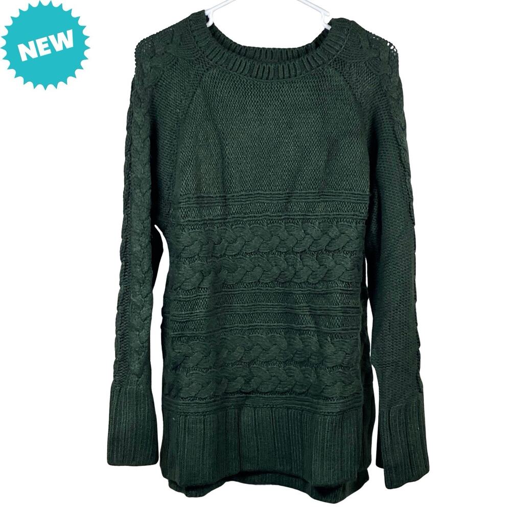 St Johns Bay Sweater Womens Size 0X Crewneck Pullover Dark Green Cable Knit